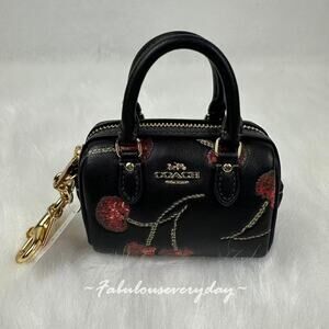 Coach Mini Rowan Bag Charm With Cherry Print in Leather/Black CDB17 NWT